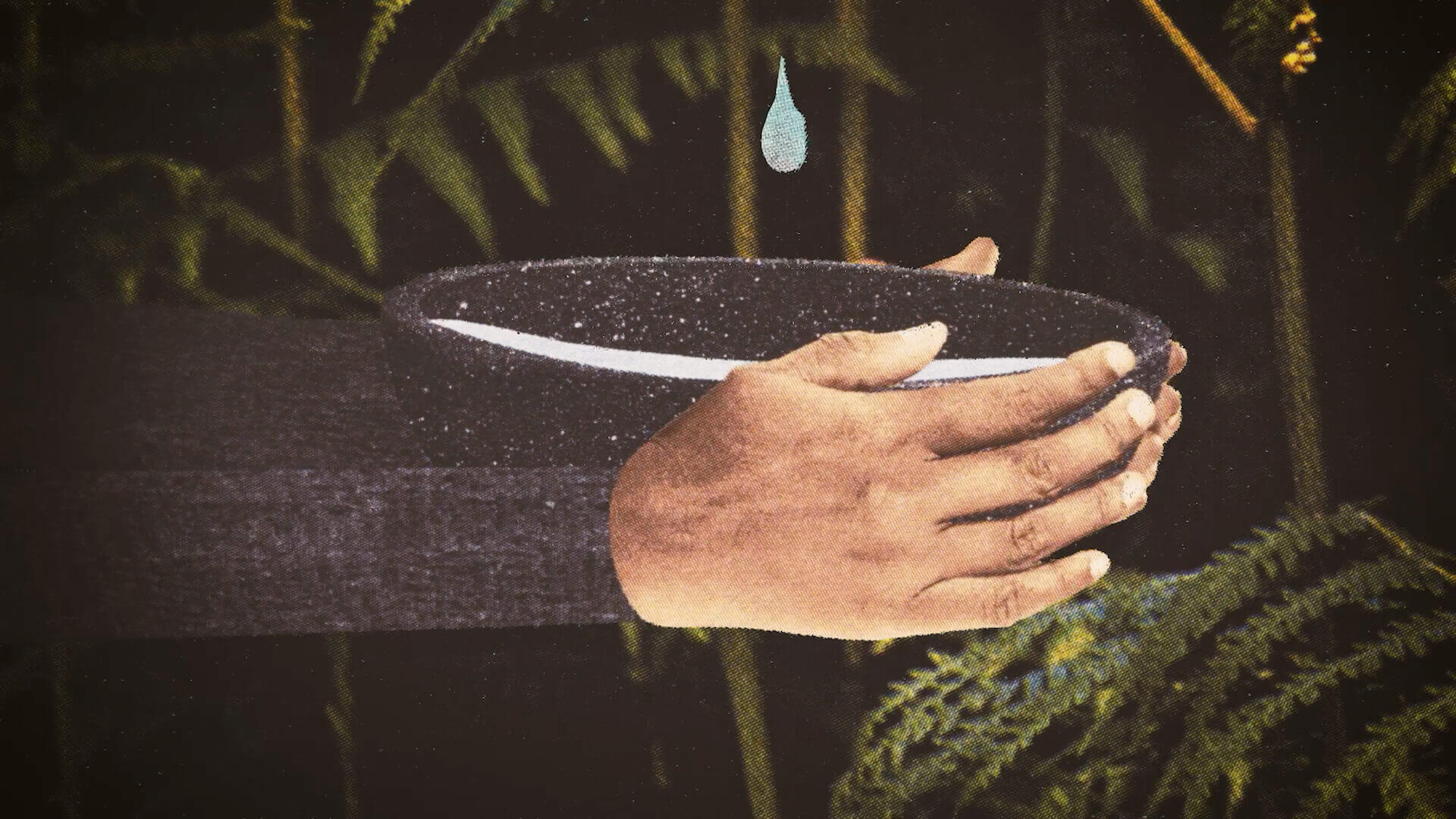 Illustration mit handwerklicher Textur in Vegetation, mit Händen, die Wasser in einer Schale halten.