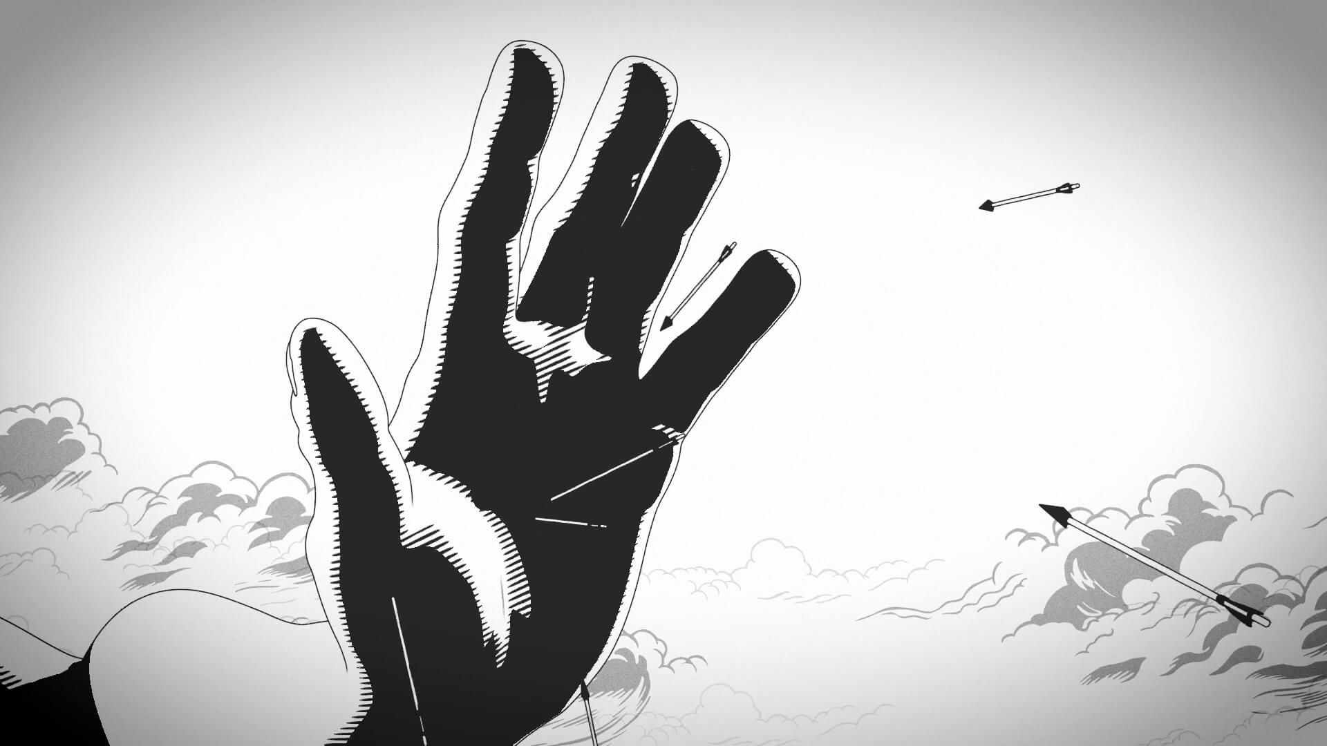 Schwarz-weiße grafische Illustration mit einer riesigen Hand und Pfeilen, die zwischen Wolken hervortreten.