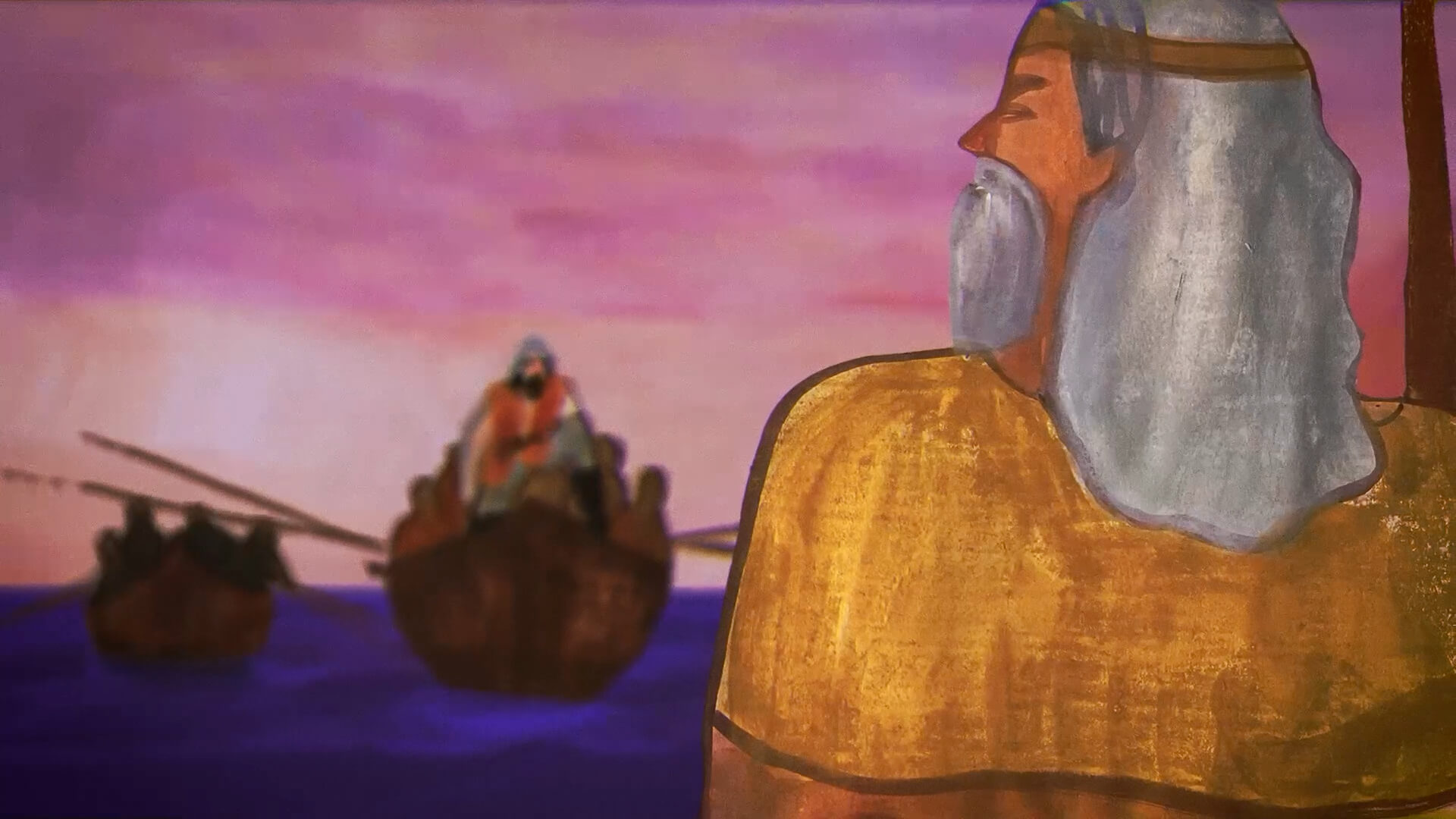 Malerische digitale Illustration in warmen Tönen, mit einer menschlichen Figur vor dem Meer und Booten.