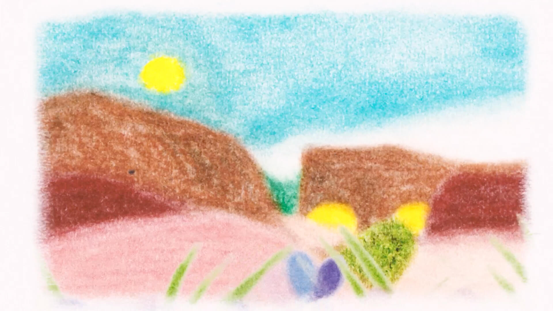 Illustration in Pastellfarben mit einer Mauer in einer Landschaft, die von einem Riss geteilt wird.