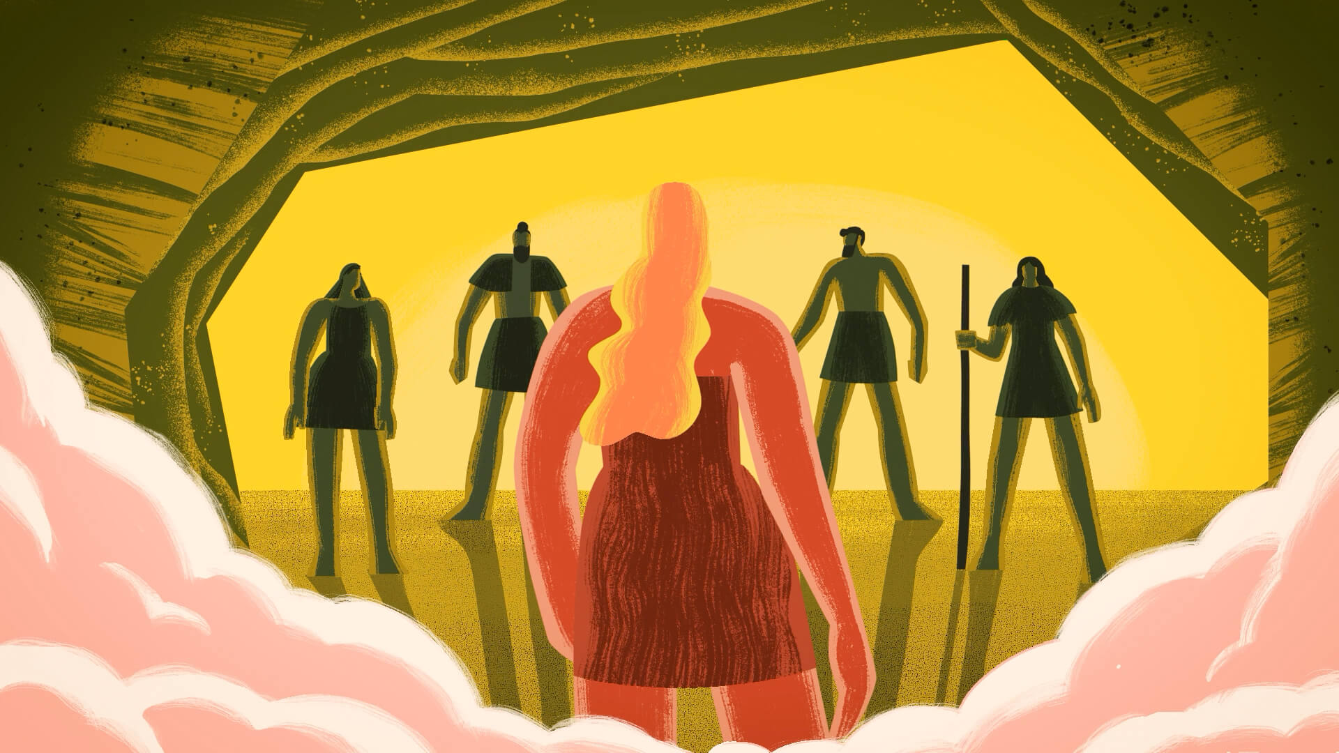 Grafische Illustration einer Höhle, mit menschlichen Figuren in Reihe vor der von Rauch umgebenen Prinzessin.