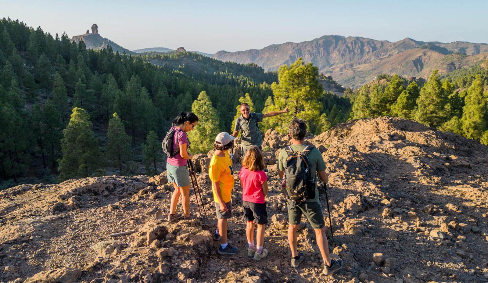 Gruppenexkursion im Landschaftspark Roque Nublo mit felsigem Boden, kanarischem Kiefernwald und Gipfel.