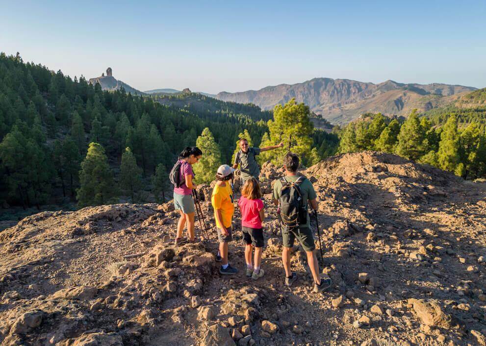 Gruppenexkursion im Landschaftspark Roque Nublo mit felsigem Boden, kanarischem Kiefernwald und Gipfel.